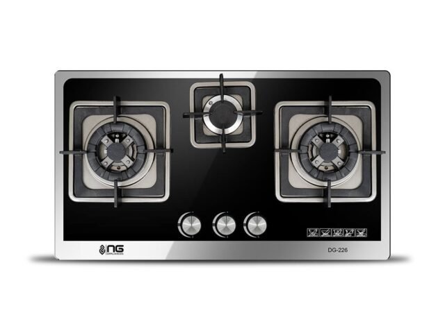 NasGas DG-226 Built-in Hob – 3 Burner Tempered Glass Gas Stove with Laser Cut Supports – NasGas Built-in Hobs